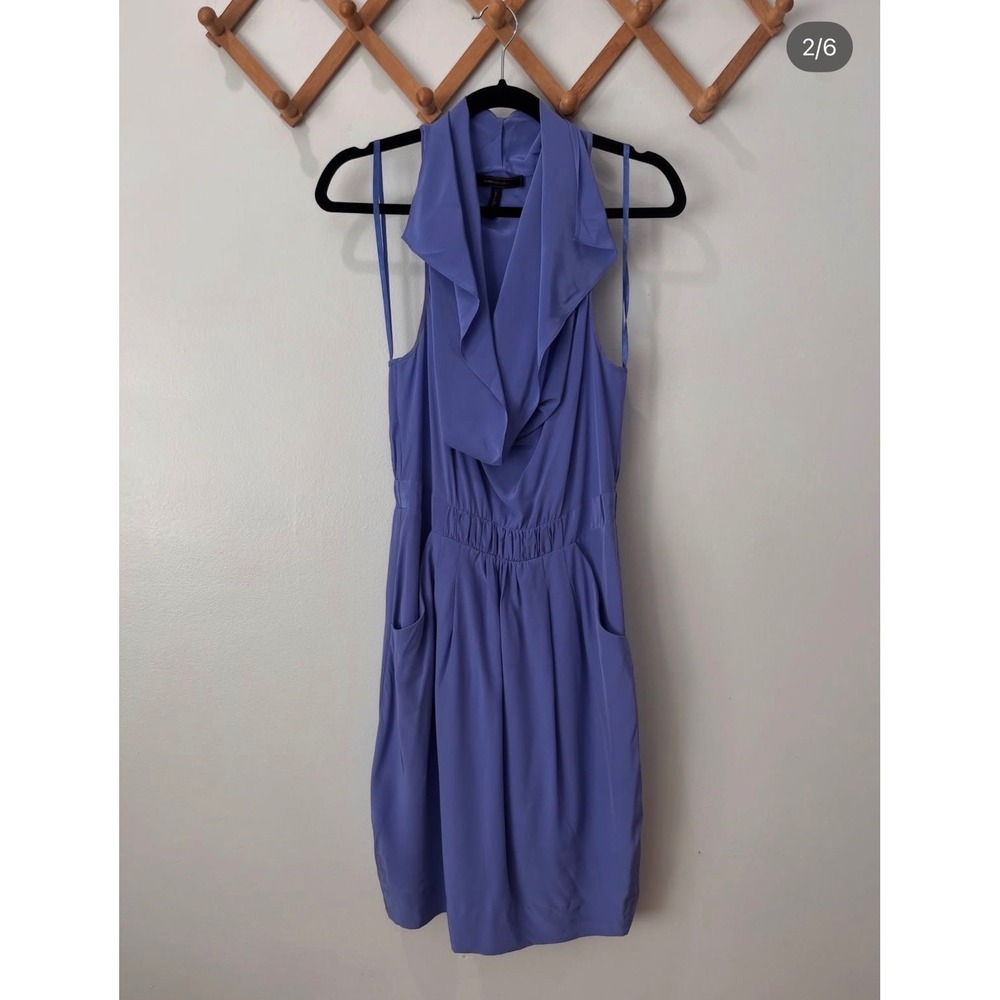 BCBGMAXAZRIA Women Blue 100% Silk Draped Cowl Neck Mini‎ Dress Size S Pockets